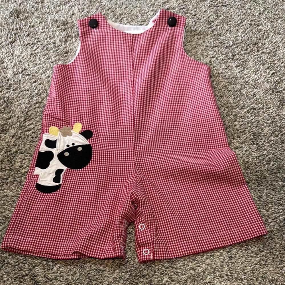 Red Gingham Kids Overalls with Cow Patch